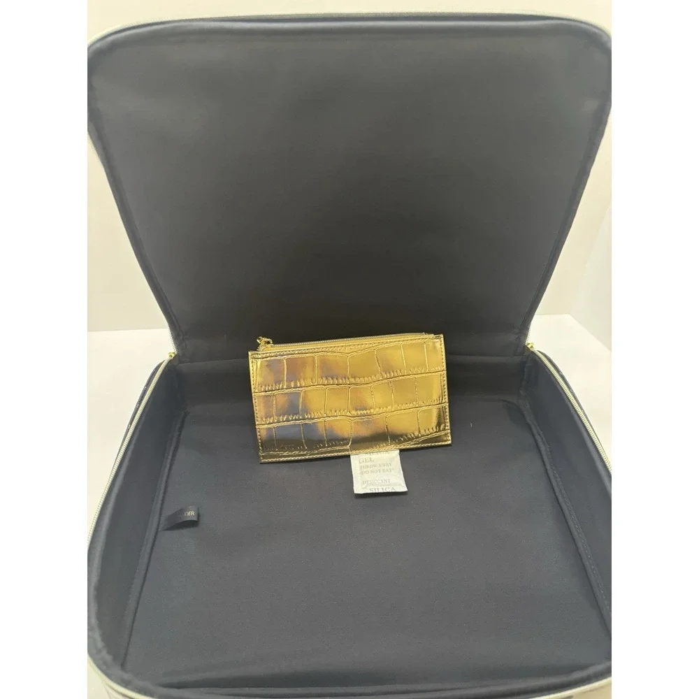 VTG Estee Lauder Navy Blue Faux Crocodile Embossed Make-up Travel Bag Train Case
